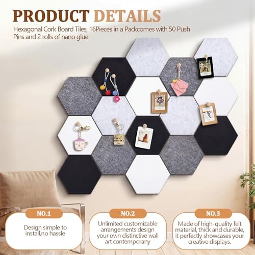12x10 in 16 Pcs Hexagon Cork Board Tiles, Felt Pin Boards, Grey