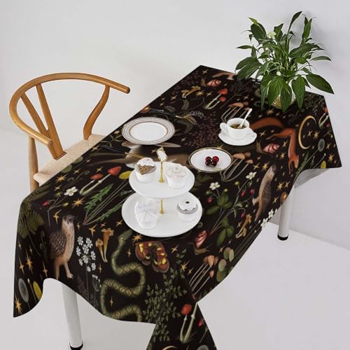 Rustic Forest Tablecloth, Fairy Tale Forest Woodland Wild Animals Moths Flowers Moon Star Table Cover for Home Kitchen Dining Table Party Camping Decor 55x75in