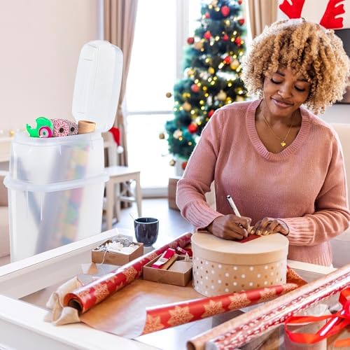 Rubbermaid Wrap N' Craft Plastic Wrapping Paper Organizer Storage Container with Top Ornament Storage Compartment for 20 Standard 30 Inch Rolls, Clear