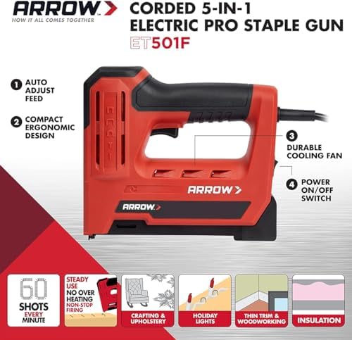 Arrow ET501F Corded 5-in-1 Professional Electric Staple & Nail Gun, Wire Stapler, and Brad Nailer for Upholstery, Framing, Insulation, Crafts, Fencing, and Cable, Black/Red (Pack of 3)