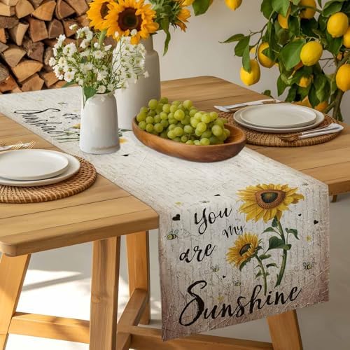 You are My Sunshine Table Runner Dresser Scarf 13 x 36 Inch Vintage Sunflowers Newspaper Texture Table Runners Non-Slip Heat Resistant Kitchen Dining Table Decor for Home Holidays Indoor Outdoor