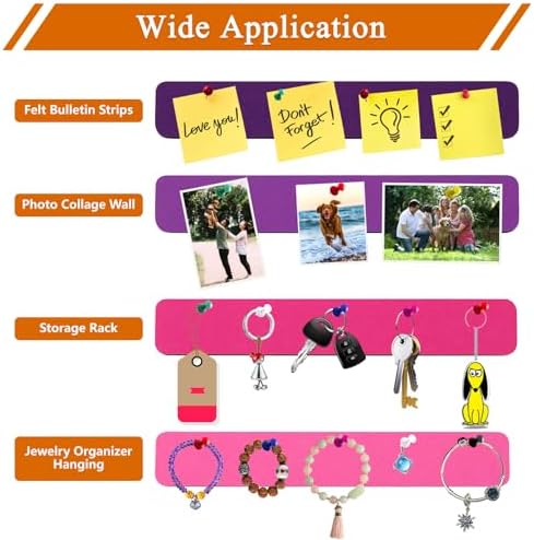 8Pcs Rectangle Felt Cork Board Bar Strips with 35 Pushpins, Self-Adhesive Bulletin Board Strips for Office School Home Wall Decor Stickers Memos Schedules Photos Display -Gradual Purple
