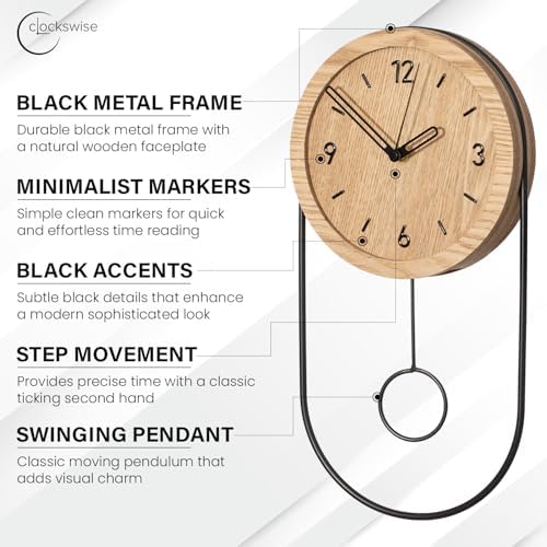Clockswise 16-Inch Decorative Wall Clock Step Movement Mechanism Metal Frame Wooden Dial and Pendulum Design Battery-Operated Timepiece for Living Room Hallway or Office Décor, Natural Brown