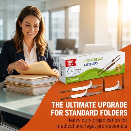 OLYMPX 100 Pcs of 1” Capacity Premium Self Adhesive Prong Paper Fastener Bases, 2.75 Inch Center for Paper File Clip Folder Accessories, 100 per Box