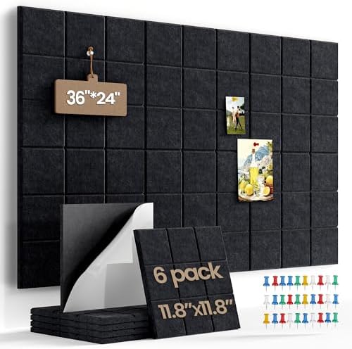 36" x 24" Large Black Cork Board Alternative - 6 Pack Felt Bulletin Board with 30 Push Pins, Felt Wall Tiles Pin Board for Walls Office Home School Decor, Aesthetic Cork Squares, Black