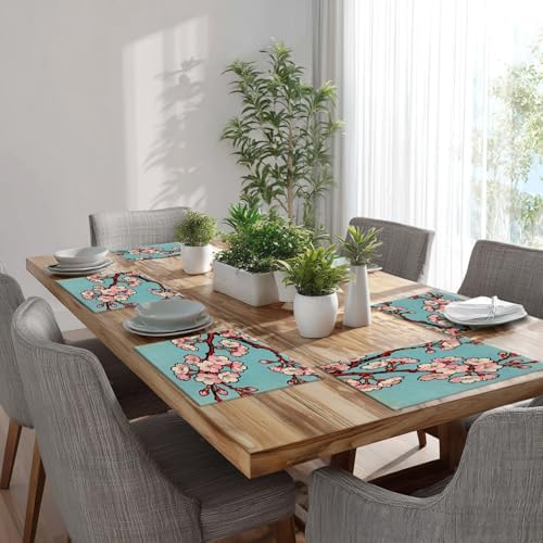 Batmerry Shabby Chic Cherry Blossom Linen Placemats Set of 4, Pink Floral Turquoise Background Washable Table Mats for Kitchen Table Thickened Heat Insulation Dining Set Indoor Outdoor 12X18 in