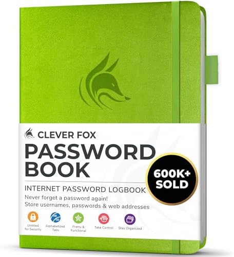 Clever Fox Password Book with Alphabetical Tabs, 4"x5.5" Keeper Green