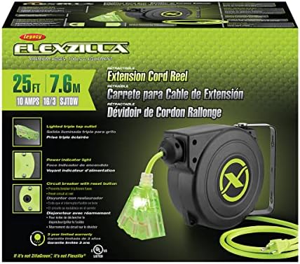 Flexzilla Retractable Extension 16/3 AWG 25' Electric Cord Reel, ZillaGreen, FZ8160253