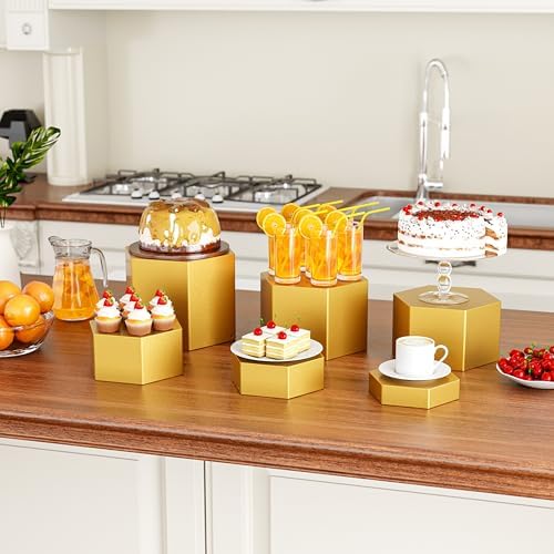 Metal Buffet Risers,6PCS Hexagonal Jewelry Display Risers 2.76 in to 4.02 in Market Display Stands Metal Showcase for Catering Dessert Figures Decoration (Gold, 2.76IN to 4.02IN)