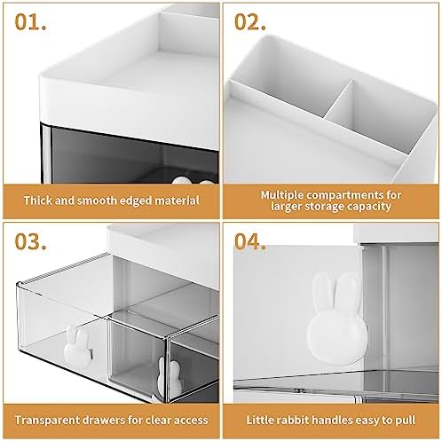 Marbrasse Small Desk Organizer with Drawer, Multi-Functional Pen Pencil Holder Storage Box, Desk Organizers and Accessories with 3 Compartments + 2 Drawer for Office Art Supplies(White)