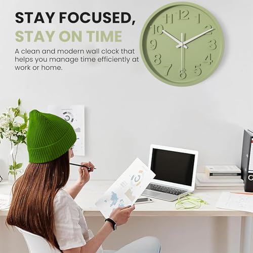 Clockswise 12-Inch Modern Minimalist Round Plastic Wall Clock Green Dial with Bold Arabic Numerals Analog Display Step Movement Easy-to-Read Timepiece for Living Room Kitchen Office Bedroom Wall Decor