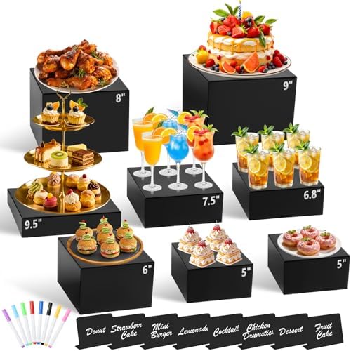 8Pcs Black Acrylic Buffet Risers with Mini Sign and Marker, Black Acrylic Risers for Party Catering Dessert Jewelry Collectibles with Hollow Bottoms Nesting Cube Box (9.5" 9" 8" 7.5" 6.8" 6" 5" 5")