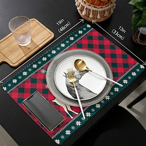 Christmas Trees Reindeer Elk Placemats Set of 4, Red Holiday Buffalo Checkered Plaid Cotton Line Stain Resistant Table Mats Washable Holidays Placemat Decoration For Kitchen Dining Table Farmhouse