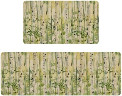 Spring Summer Farmhouse Kitchen Rugs and Mats Set of 2,Green Watercolor Birch Trees Enchanted Forest Non Slip Washable Floor Sink Mats Decorations for Home Kitchen 18"x48"+18"x30"