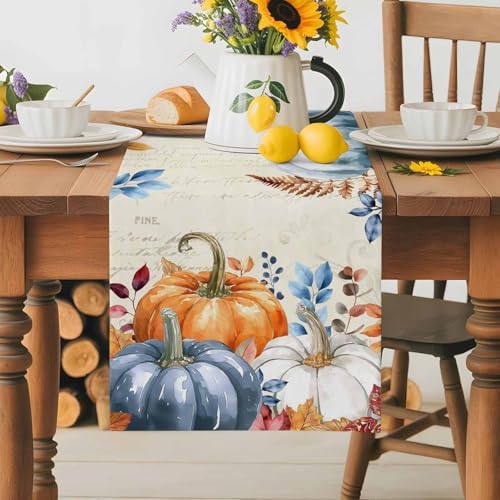 Fall Orange Blue Pumpkin Table Runner Dresser Scarf 13 x 36 Inch Eucalyptus Leaf Retro Thanksgiving Table Runners Non-Slip Heat Resistant Kitchen Dining Table Decor for Autumn Holidays Indoor Outdoor