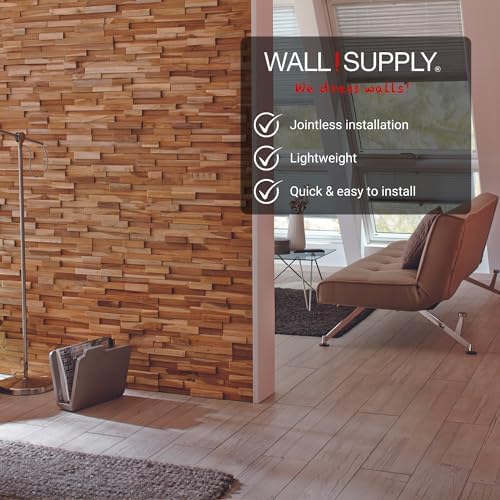 Wall!Supply 3D Wall Panels – Reclaimed Modern Asian Teak Wood – Home Decor Wallpaper Alternative for Living Room, Bedroom & Office – Easy DIY Installation – 10 Pack, Covers 9.6 Sq Ft