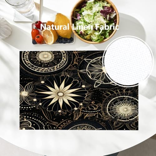 Batmerry Circular Patterns Floral Designs Placemats, Black and Gold Decorative Patterns Washable Linen Table Mats for Kitchen Table Double Insulation Decor Dining Set Indoor Outdoor 12X18 in Set of 8