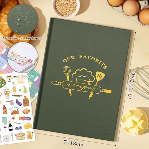 Lanpn B5 Blank Recipe Book Cookbook for 70 Recipes, Leather Cover Waterproof Empty Cooking Journal to Write in Your Own Recipes, Recipe Notebook with Stickers to Organize Your Family Recipes, Green