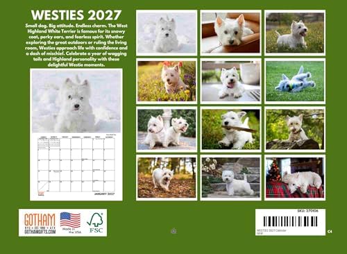 Westie Calendar 2027 West Highland Terrier Gifts Westies Monthly Wall Calender 12 Month | American Made In The USA