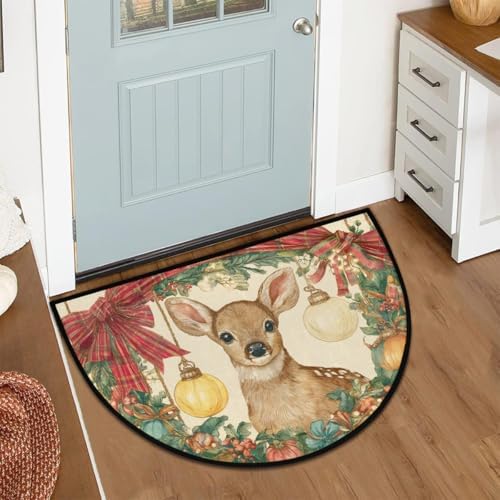 Pardick Christmas Retro Deer Half Round Door Mat, Non-Slip Welcome Indoor Entrance Way Rug Semi Circle Front Doormats Washable Bathroom Kitchen Floor Mat, Outdoor Rugs for Garage, Patio, Hearth Rug