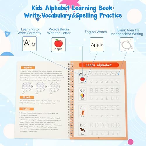 Magic Grooved Writing Books, Reusable Tracing Workbook for Kids Ages 3‑8