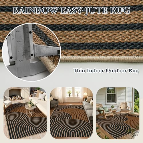 Lahome Mid Century Modern Easy Jute Rug, 5x7 Black and Brown Washable Rugs