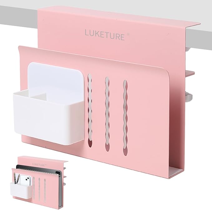 LUKETURE Desk Side Storage Laptop Holder No Drill Clamp On Organizer | Steel Side Desk Organizer, Clamp on Laptop Mount with Pen Holder, Hanging Storage for Home Office, Fits 0.3" to 2.8"