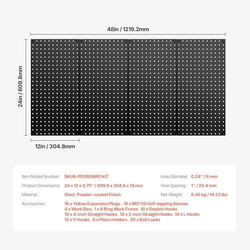 VEVOR Metal Pegboard Panels, 24" x 12" Pegboard, 4 Panels, Heavy Duty Peg Board Wall Organizer with Accessories, for Living Room Garage Tool Storage Office Organization Craft Room Kitchen Home, Black