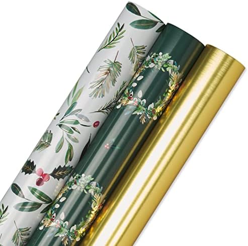 Papyrus Wrapping Paper Rolls for Christmas, Hanukkah and All Holidays, Holly, Wreath, Gold (3 Rolls, 67.5 sq. ft.)