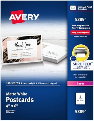 Avery Printable Postcards with Sure Feed Technology, 4" x 6", White, 100 Blank Postcards for Laser Printers (5389)