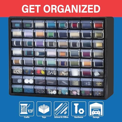 Akro-Mils 64-Drawer Plastic Storage Cabinet, 20" W x 6" D x 16" H, Black