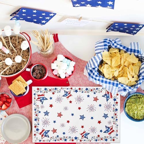 4th of July Placemats, Patriotic Stars Fireworks Heat Resistant Washable Dining Table Mats Summer Farmhouse Decor for Kitchen&Table Linens Outdoor Indoor, Red White and Blue American Flag
