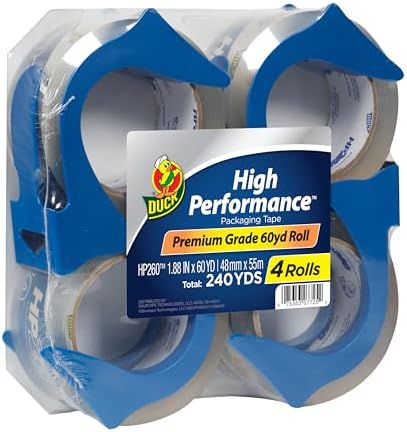 Duck High Performance Clear Packing Tape Dispensers - 4 Rolls of HP260 Strong Packaging Tape for Shipping, Moving, Mailing & Storage Boxes - 3" Core, 1.88 Inch x 60 Yards, Clear (847667)