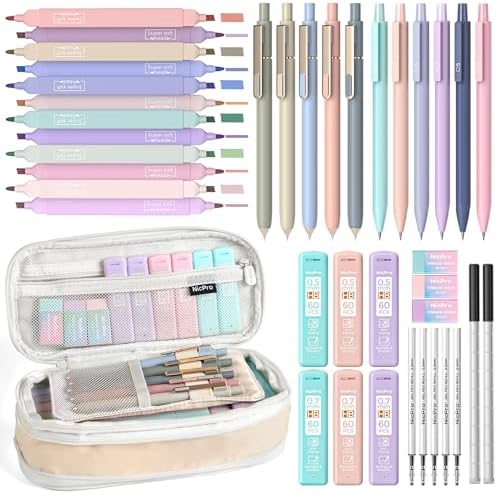 Nicpro School Supplies Stationary Set with Pencil Case, 39 PCS Cream | Back to Schoo Supplies, Pen Case with 12 Highlighter, 5 Gel Pen, 6 Mechanical Pencil, Essentials for College, Nursing Student