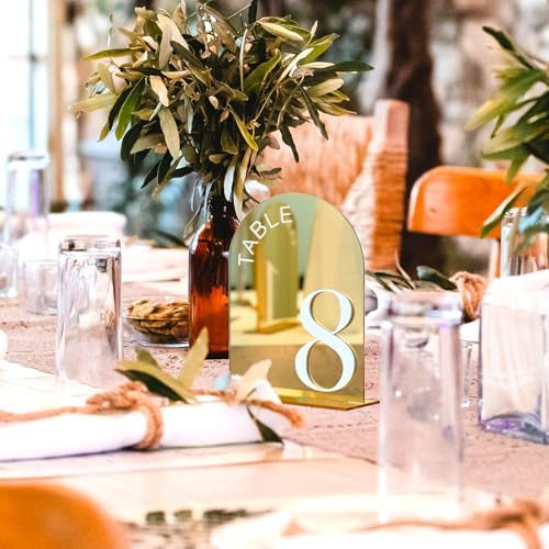 Gold Mirror Arch Wedding Table Numbers 1-15 with Stands