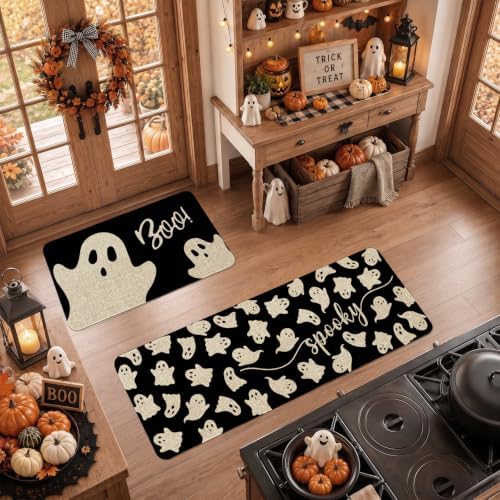 Halloween Ghost Kitchen Mat Decor, Black Halloween Kitchen Rugs Set of 2