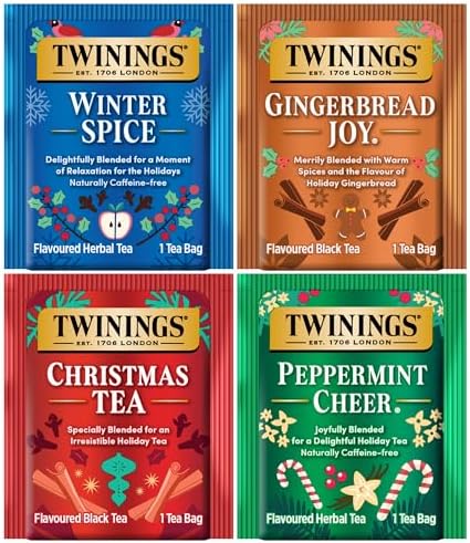Twinings Holiday Variety Pack Tea Bags, Christmas Tea, Winter Spice, Gingerbread Joy, Peppermint Cheer, 20 Count (Pack of 4), Enjoy Hot or Iced, 80 Teabags