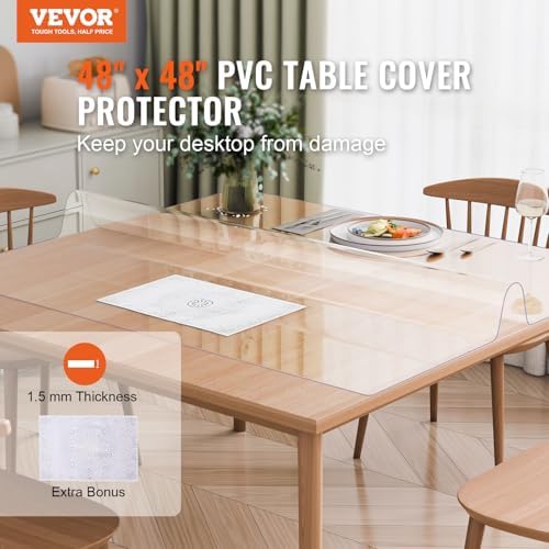 VEVOR Plastic Table Cover, 48 x 48 Inch 1.5 mm Thick Clear PVC Protector, Square PVC Desk Mat, Waterproof & Easy Cleaning Desk Pad Tablecloth, for Office, Dresser, Dining Room, Night Stand