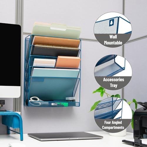 Mind Reader 5-Pocket Vertical File Storage, Desktop Organizer, Wall Mount, Office, Metal Mesh, Turquoise