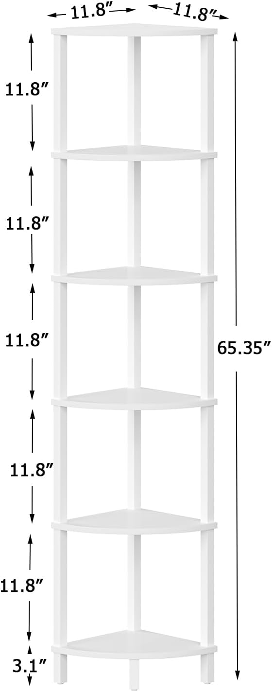 VIMBER Corner Shelf, 6-Tier Corner Bookshelf, Industrial Corner Ladder Shelf, DIY Storage Shelves, Modern Display Shelf for Living Room, Bedroom, Kitchen, Home Office, White UJSJ004W