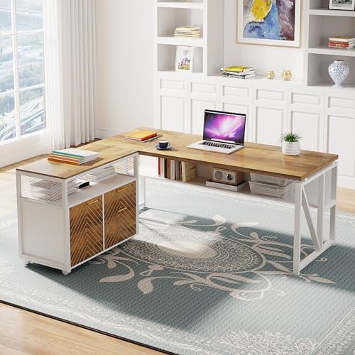 Tribesigns L Shaped Desk with Drawer,63" Executive Computer Desk and lateral File Cabinet, 2 Piece Home Office Furniture for Hanging File, Cabinet with Doors
