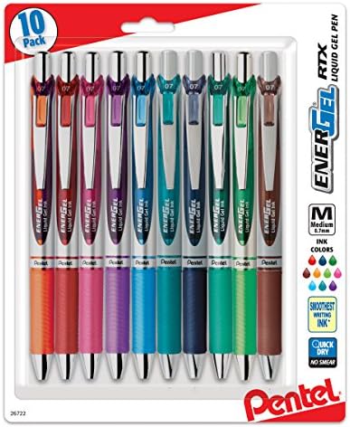 Pentel EnerGel RTX Retractable Liquid Gel Pen, (0.7mm) Medium Line, Metal Tip, Assorted Ink, 10-Pk (BL77BP10M)