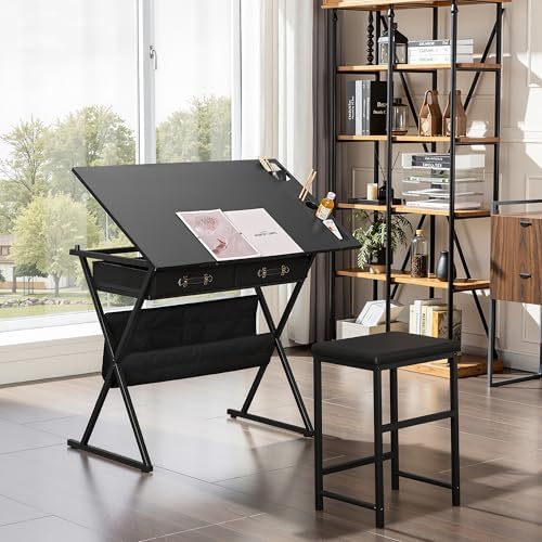 VECELO Drafting Table Art Desk Art Table Adjustable Drawing Table Tilted Tabletop with 2 Storage Drawers and Stool, Drawing Desk for Artist Painters Drawing, Crafting, Reading, Writing, Black