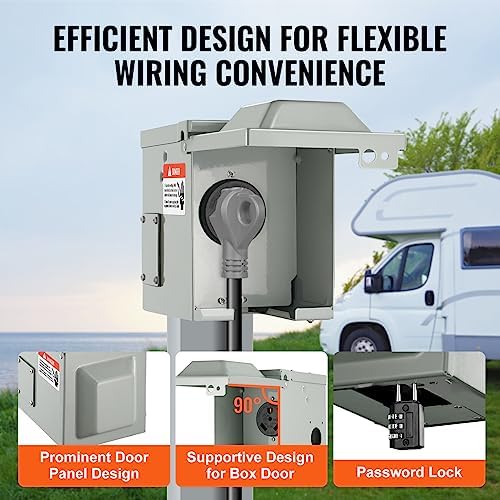 VEVOR 30 Amp RV Power Outlet Box, 125/250 Volt, Enclosed Lockable Outdoor RV Receptacle Box, NEMA TT-30R Weatherproof Electrical Panel, for RV Camper Trailer Motorhome Electric Car