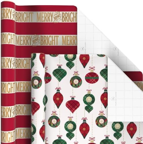 Hallmark Christmas Wrapping Paper Rolls with Cutlines on Reverse (6 Rolls: 150 Sq. Ft. Total) Santa Claus, Nutcrackers, Plaid, Snowflakes, Ornaments