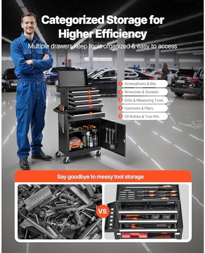 VEVOR Rolling Tool Chest, 2-in-1 Design, 5 Drawers Tool Cabinet Organizer with Detachable Top Metal Toolbox, Lock Bar, Protective Liner, and Tools Rack, Garage Storage Cabinet for Warehouse, Workshop