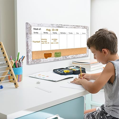 Magnetic Weekly Whiteboard and Cork Board, White Wood Frame, 24" x 12"