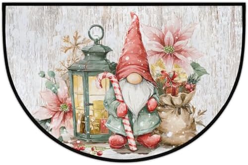 Christmas Vintage Gnome Half Round Door Mat, Non-Slip Welcome Indoor Entrance Way Rug Semi Circle Front Doormats Washable Bathroom Kitchen Floor Mat, Outdoor Rugs for Garage, Patio, Hearth Rug