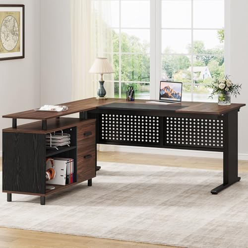 Tribesigns 63 Inch Executive Desk with File Cabinet, L Shaped Office Desk