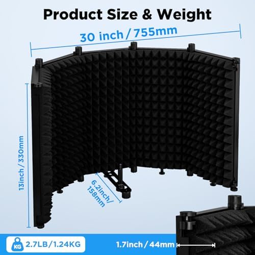LZSIG Microphone Isolation Shield, Foldable Mic Shield with Triple Soundproof, Reflection Filter with 3/8" and 5/8" Threaded for Recording Studio, Podcasts, Singing, and Broadcasting - XL(30"x12.9")